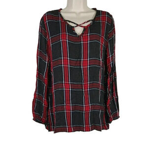 Cato Flannel Tunic Top Women Size L Dark Gray Red Plaid Long Sleeve